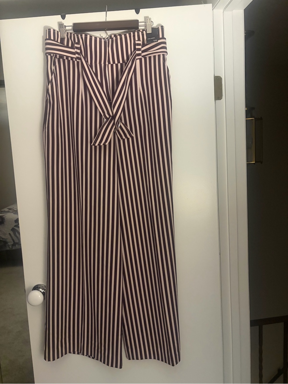 Striped High-Waist Wide-Leg Pants with Tie - Plumb & white. Never worn.